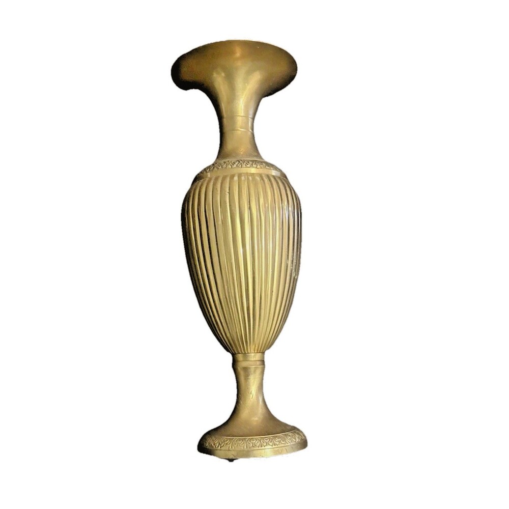 Vintage 1960s Solid Brass Urn Vase 12” Fluted Moradabad India Hand Chased Heavy